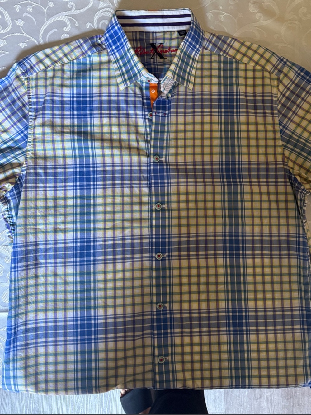 Robert Graham X Men's Blue and Yellow Plaid Short-Sleeve Button-Up Shirt